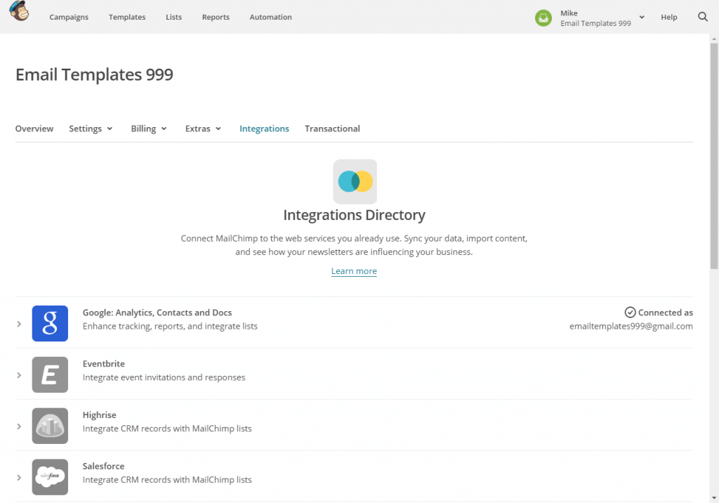 The Integrations section in MailChimp