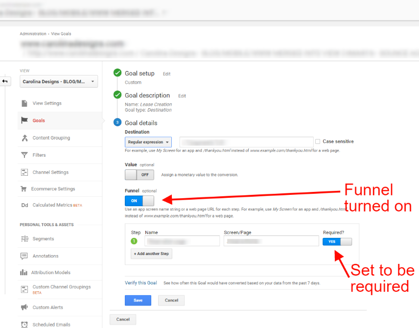 destination goal funnel google analytics