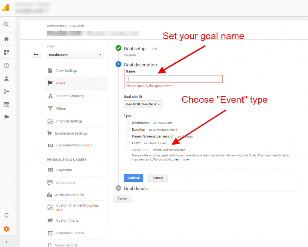 setup event goal google analytics