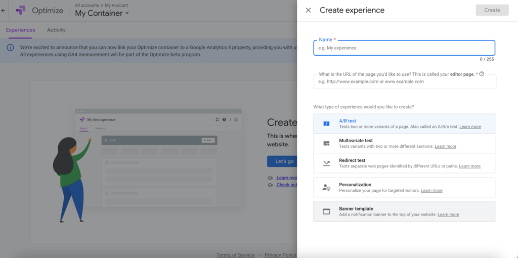 Creating an A/B test using Google Optimize.