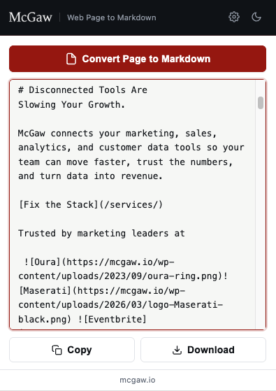 McGaw Markdown Extension converting a webpage into clean markdown output in one click