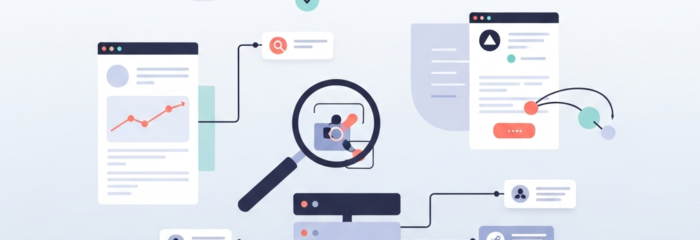 Flat vector illustration of a MarTech stack audit showing disconnected data flows being reconnected with geometric shapes and a magnifying glass